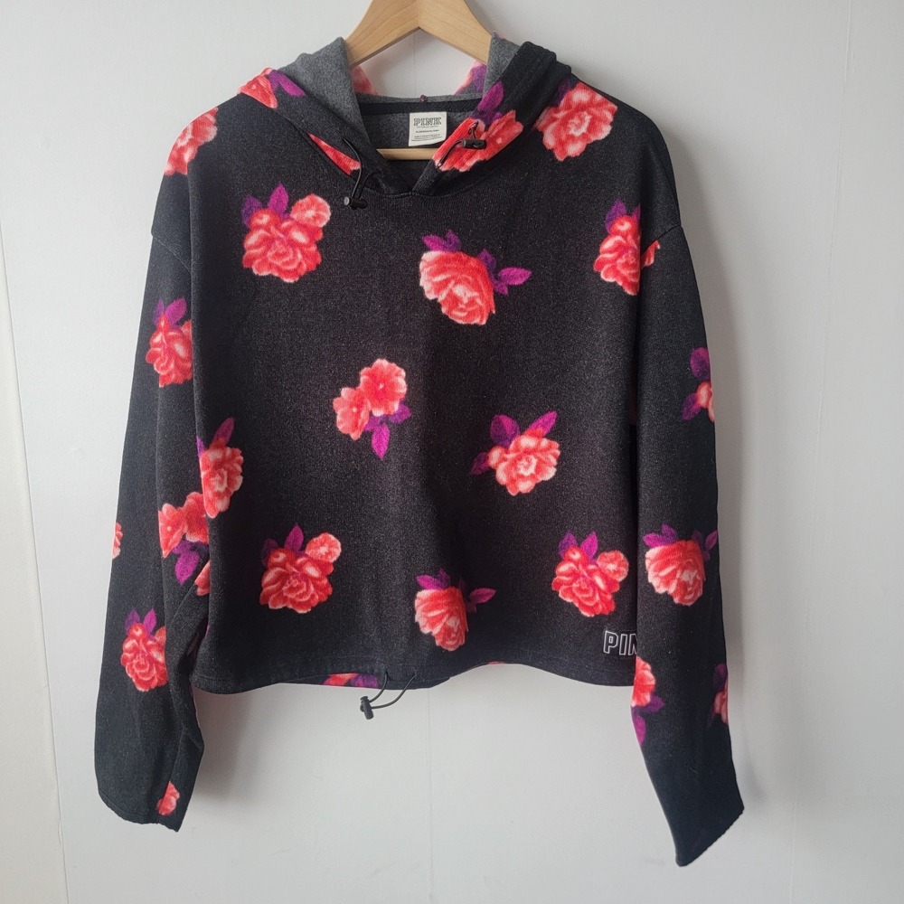 PINK Victoria's Secret Women's Hoodie size XL Black Rose Print Fleece Cropped